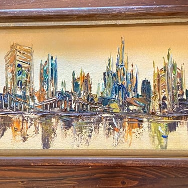 Vintage Mid Century Modern Art Painting Cityscape on River 