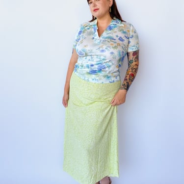 1990s Light Green Floral Maxi Skirt, sz. L