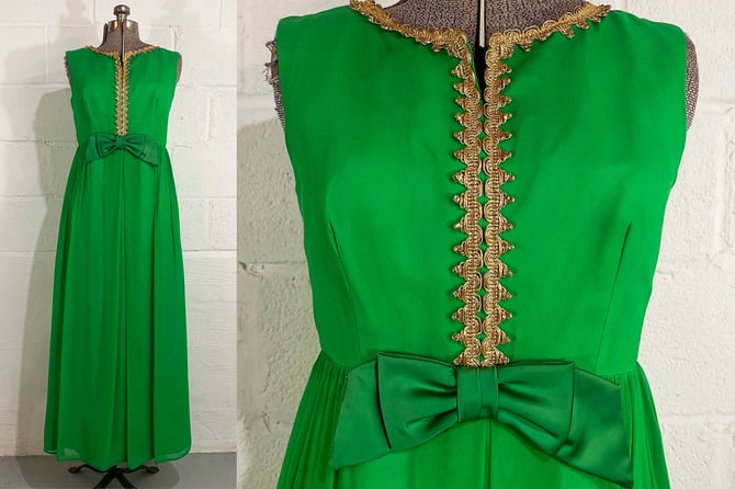 Vintage 60s Green Maxi Dress Kelly Gold Bow Mod Mad Men Sleeveless Formal Hostess Gown Medium 1960s 
