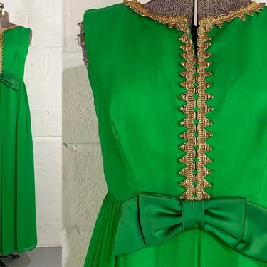 Vintage 60s Green Maxi Dress Kelly Gold Bow Mod Mad Men Sleeveless Formal Hostess Gown Medium 1960s 