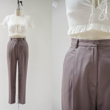 high waisted pants | 80s 90s vintage brown taupe academia style pleated skinny trousers 