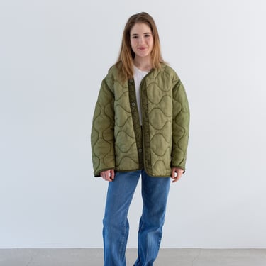 Vintage Celery Green Liner Jacket | Unisex Wavy Quilted Nylon Coat | M | LI140 