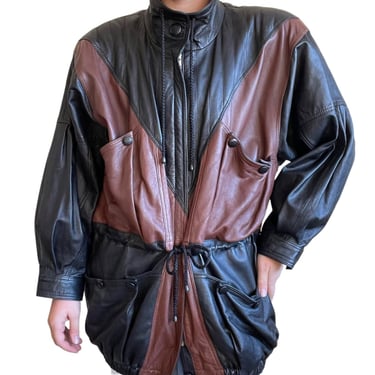 Vintage 90s Womens Western Leather Brown Black Geometric Oversized Jacket Sz L 