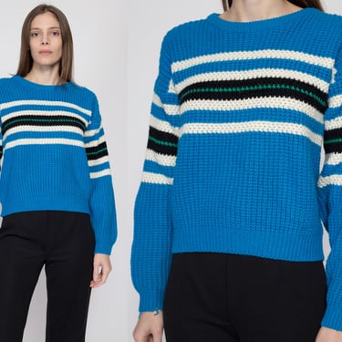 Small 90s Blue Striped Sweater | Vintage Grunge Slouchy Knit Pullover 