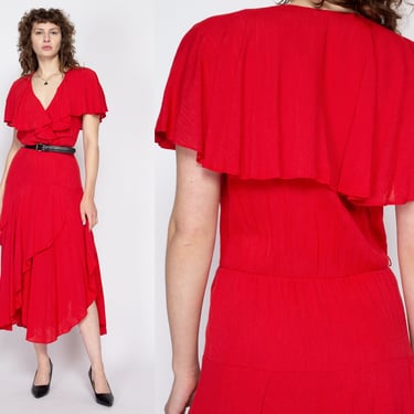 Medium 80s Red Flowy Capelet Maxi Dress | Boho Vintage Flutter Sleeve V Neck Tiered Dress 
