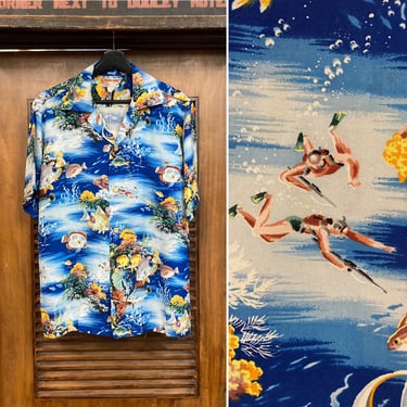 Vintage 1950’s Underwater Fish Design Crepe Hawaiian Shirt, 50’s Loop Collar Shirt, 50’s Speargun Fishing, Vintage Clothing 