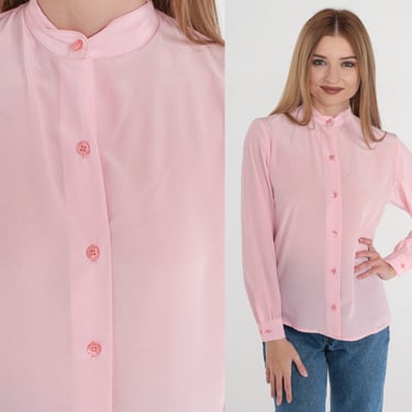 Pink Blouse 80s Semi-Sheer Button Up Top High Neck Formal Preppy Mandarin Collar Shirt Plain Long Sleeve Simple Basic Vintage 1980s Small S 
