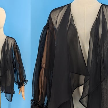 Vintage 70s Esther Williams Swimwear Sheer Black Swim Cover Up - Seventies Open Front Sheer Lingerie Jacket 