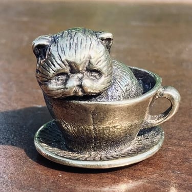 Miniature Brass Kitten in Teacup Figurine