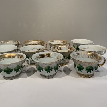 11 Antique Meissen Oak Leaf Design Green Gold Cups Hard To Find Form,  Christmas teacup, gifts for mothers, gifts for her, 