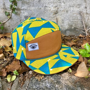 Handmade 6 Panel Hat, Triangle Front Baseball Cap, Triangle Geometric Print Camp Hat, Snap Back Hat, Yellow and Turquoise Cap, gift for her 