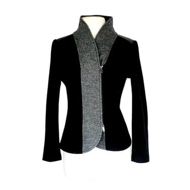 Vintage Emporio Armani Blazer Black Gray Wool & Leather Zip Front 