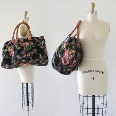 large canvas duffle bag - vintage 90s 1990s dark black floral big weekend weekender tote carry all 