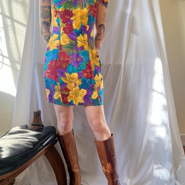 1980s Silk Dress / Off shoulder Silk Cocktail Dress / Silk Floral Print / Mini Silk Dress 