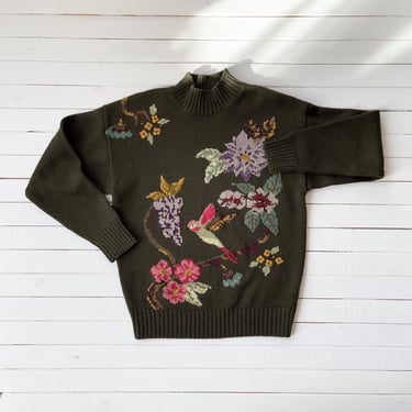 green wool sweater 80s vintage Herman Geist hummingbird floral mockneck sweater 