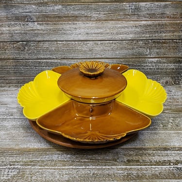 1960s Vintage California Pottery Lazy Susan, Mid Century Modern Serving Dish, Gold & Brown Retro 1970s Hors d'oeuvres Server Vintage Kitchen 