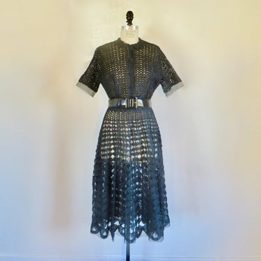 1950's Black Crochet Fit and Flare Dress Shirtwaist Style Full Skirt Formal Cocktail Party Rockabilly Swing Neiman Marcus 31