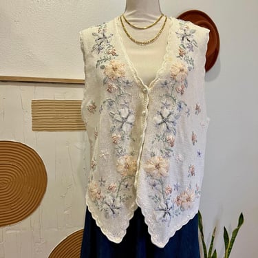 Vintage Cottage Knit Embellished Embroidered Pearl Button Cotton Sweater Vest 