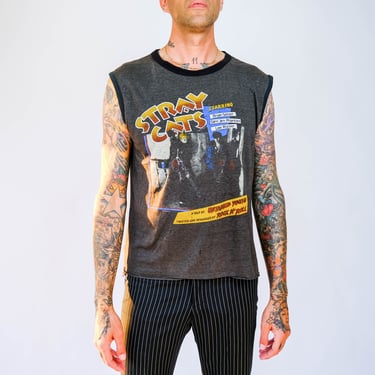Vintage 80s Stray Cats Stuttin' Across America Distressed Tour Muscle Tee Shirt | Worn In, Super Soft | 1980s Rock Band Sleeveless T-Shirt 