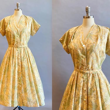 1950's Yellow Dress / Shirtwaist Dress / Cotton Floral Print Dress / Fit and Flare Dress / Size Medium 