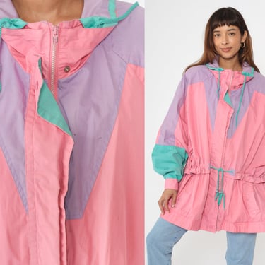 90s Windbreaker Jacket Pastel Color Block Zip Up Pockets Spring Coat Pink Purple Teal Drawstring Waist Plus Size 3XL Vintage 1990s 