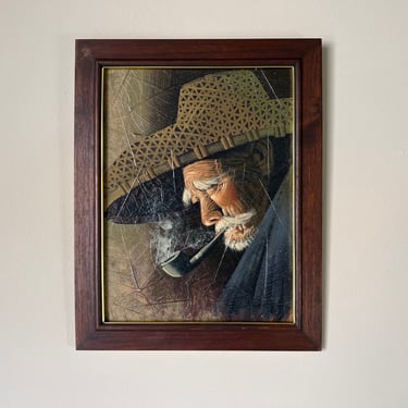 Vintage Oil on Tobacco Leaf Portrait Painting 