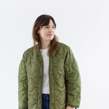Vintage Green Liner Jacket | Unisex Wavy Quilted Nylon Coat | S | LI235 