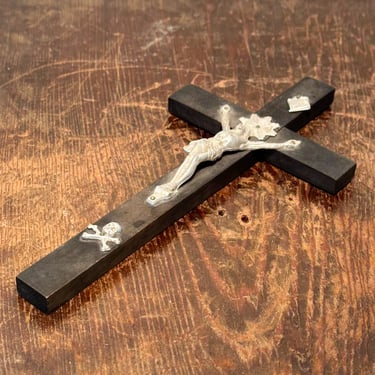 1940s Crucifix with Skull and Crossbones - Wood and Metal - Goth Decor - Priest and Nun Archive Crosses 