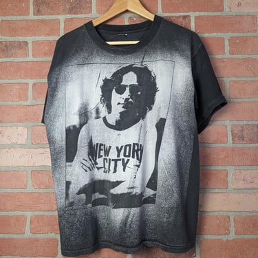 Vintage 90s Spray Bleach John Lennon Portrait ORIGINAL Art Tee - Large 