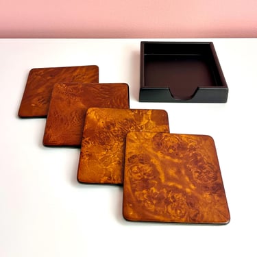 Set of 4 Lacquered Wood Coasters with Case 