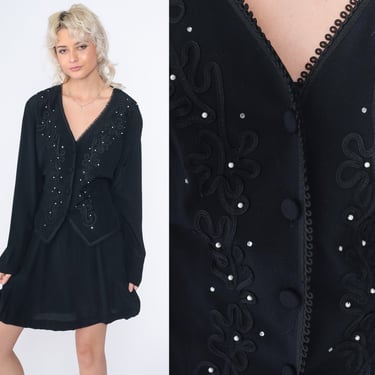 Black Party Dress 80s Mini Dress Rhinestone Pearl Beaded Layered Button up Long Sleeve Evening Cocktail Soutache Trim Vintage 1980s Large 12 