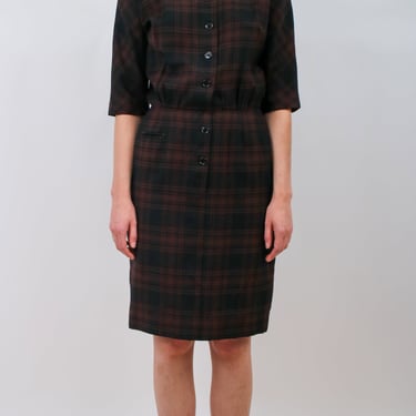 1960s Plaid Wool Wiggle Shirtdress