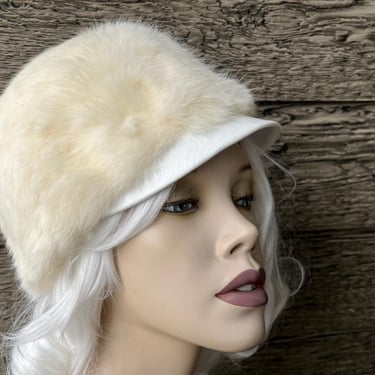 vintage mod fur hat 1960s cream short brim winter cap 