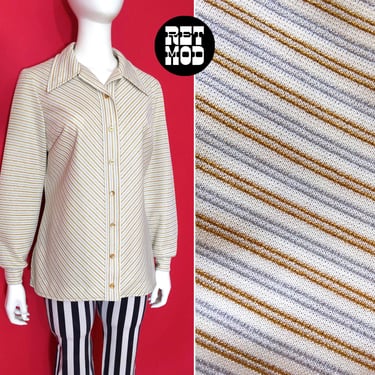 Neat Vintage 70s Cream Silver & Gold Lurex Metallic Thread Stripe Long Sleeve Collared Shirt 