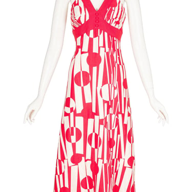 Jean Jourdan Paris 1970s Vintage Op Art Red & Cream Cotton Maxi Dress Sz XS 