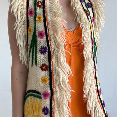 Cream Knit Vest With Floral Embroidery and Fringe
