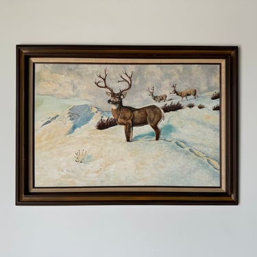 1976 Gregory A. Pole  Winter Landscape With Deers Oil Painting, Framed 