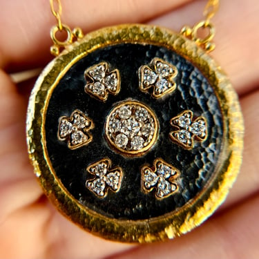 Gurhan Imperial 24K Gold & Oxidized Silver Diamond Medallion Necklace 12.5g 