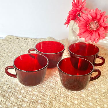 Vintage Red Glass Cups, Coffee Cups, Clear Red Glass Mugs, Set 4, Mid Century Dining, Kitchen 