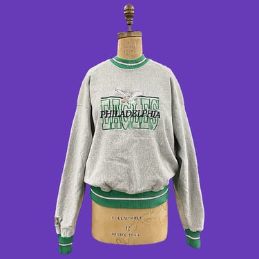 Vintage Philadelphia Eagles Sweatshirt 1990s Retro Size XL + The Game + Light Gray + Kelly Green + Crew + L/S + Ribbed Band + Philly Sports 