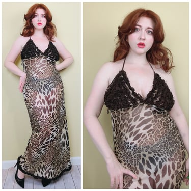 1990s Vintage Mesh Leopard Print Sheer Slip / 90s Y2K Ruffled Cha Cha Bust Maxi Length Nightgown / Medium 