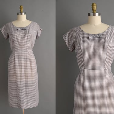 vintage 1950s Dress | Soft Brown Gingham Cotton Pencil Skirt Dress | Medium 