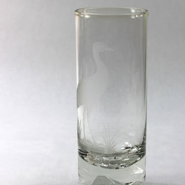 Scandinavian Etched Crystal Vase Heron Rock Base Signed 