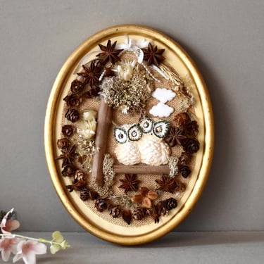Vintage Wall Hanging Pano Owls Dried Forest Flowers Home Decor Gilded Frame 