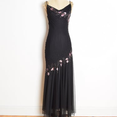 vintage Y2K prom dress black silk mesh embroidered beaded long party maxi gown S clothing 