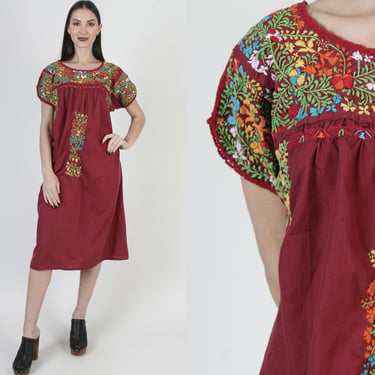 Burgundy Oaxacan Dress, Maroon Floral Caftan, San Antonio Puebla Sundress, Made In Mexico Embroidered Vestido 