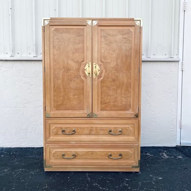 Vintage Chinoiserie Armoire Dresser by Bernhardt with Blonde Burl Wood, Asian Style Brass and 3 Drawers - Campaign Furniture 