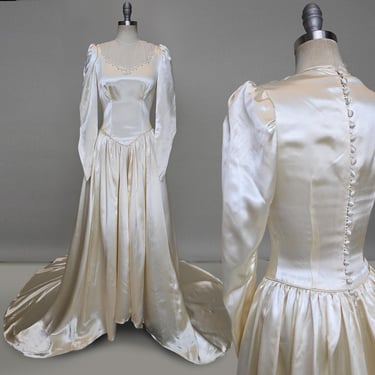 1940s Wedding Gown / Satin Wedding Gown / Vintage Wedding Dress / High Neck Wedding Dress / Size Small 