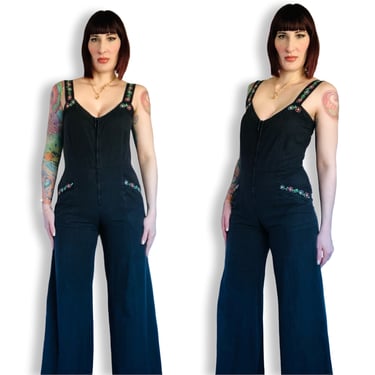 Vintage 1970's Black Denim Floral Embroidered Sweetheart Neckline Tank Jumpsuit - size Medium 
