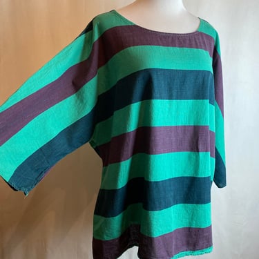 Striped cotton top oversized tunic blouse~ muted jewel tones green horizontal stripes minimalist size XXL 